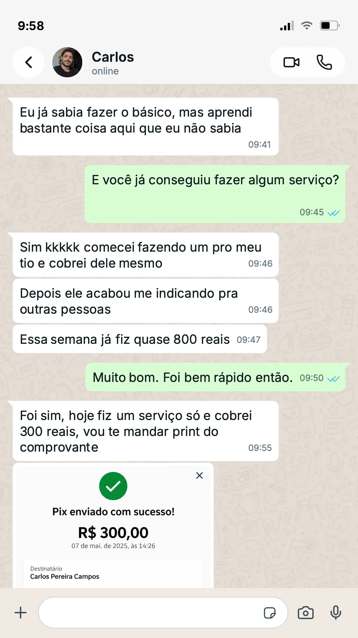 Conversa com Carlos sobre aprendizado, primeiros serviços e indicações.