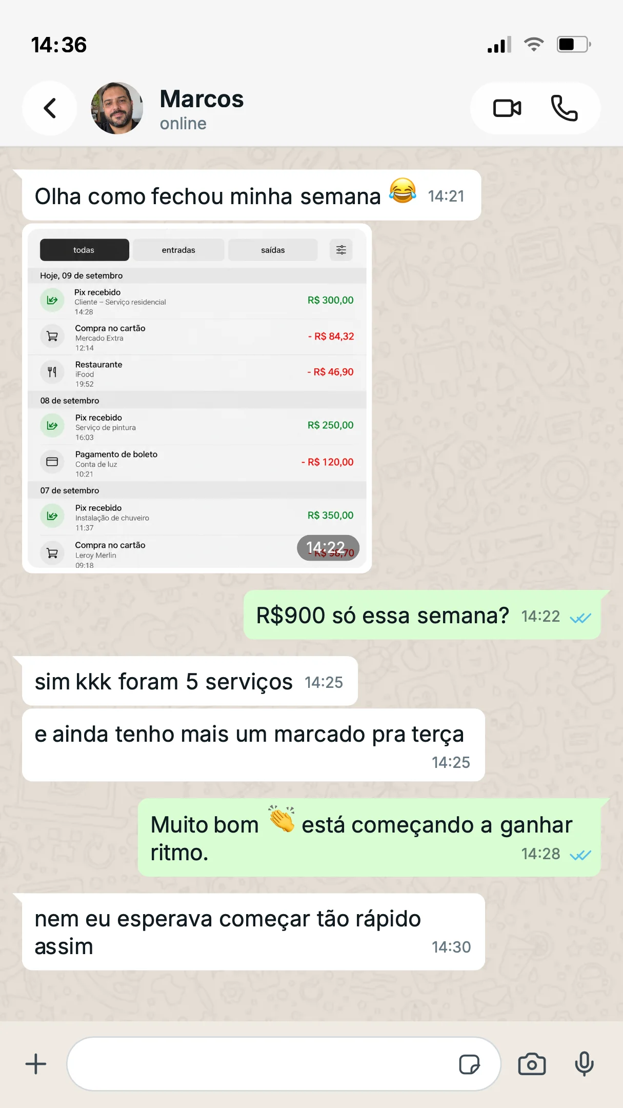 Conversa com Marcos sobre serviços realizados durante a semana.